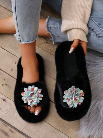 Women's Black Fluffy Slippers, Floral Flat Non-Slip Furry Indoor Cotton Slide Sandals