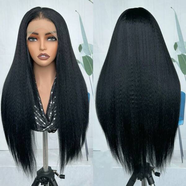 13*6 Lace Front Wig, Swiss Lace, Natural Color, Party Pre-Plucked Baby Hair, Light Yaki Straight 26 Inch, African Long Curly Hair, Suitable For Daily Wear, Heat Resistant Fiber, Full Head Wig