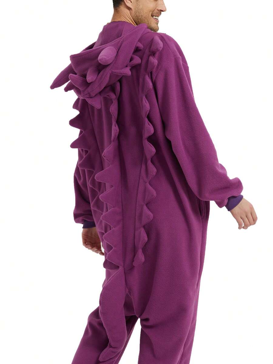 Adult Men's Cartoon Zipper One-Piece Pajamas, Autumn And Winter Thickened Animal One-Piece Pajamas, Hooded Warm Home Clothes, Halloween Costumes, Christmas Role-Play Party Costumes - 紫色 - 查看 1