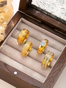 4/5pcs Fashionable & Elegant Stainless Steel Gold-Tone Women Rhinestone Ring Set, Suitable For Daily Wear, Festivals, Dates, Engagements, Weddings, Gift For Lover, Friend, Family - Gold - View 15