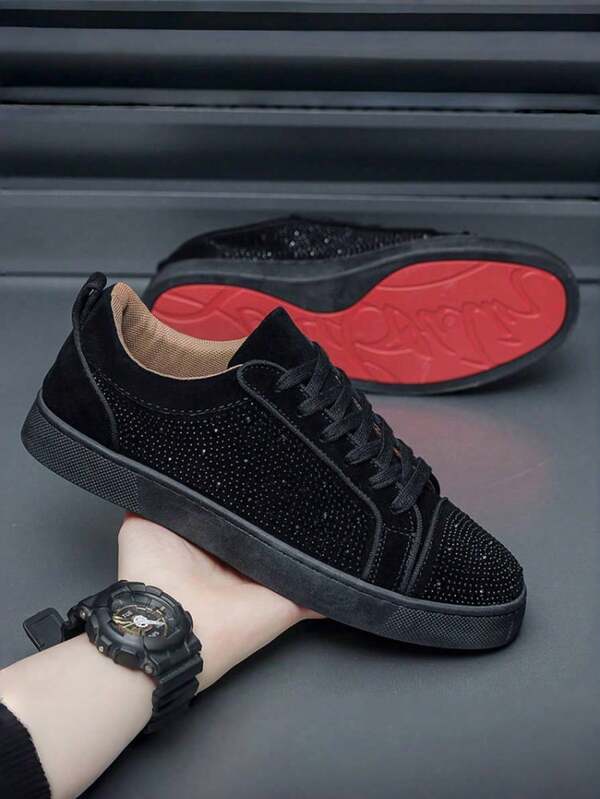 Pantofi sport pentru bărbați, pantofi sport din piele superfibră, vârf rotund, antiderapant, respirabil, bază moale, rezistentă la uzură, potrivită pentru pantofi casual, pantofi sport versatili pentru alergare, dans, pentru toate anotimpurile, pantofi bărbătești din stațiune europeană, pantofi de brand Rivet, club de noapte, podium, stilist de coafură, cu paiete (partea superioară a pantofului, decorațiune mică cu strasuri aleatorii)