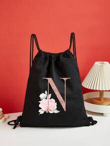Drawstring Backpack Sports Backpack Women Drawstring Shoe Bags For Travel Storage Bags Rose Gold Initials Name Letter Pattern Gym Bags Lightweight Drawstring Bag Travel Bags Cloth Bags Dust Storage Pouch For Outdoor Duffle Sports Bag Schoolbag Bundle Tote Bag For Student Sports Back Pack Latter Print - Black - View 18