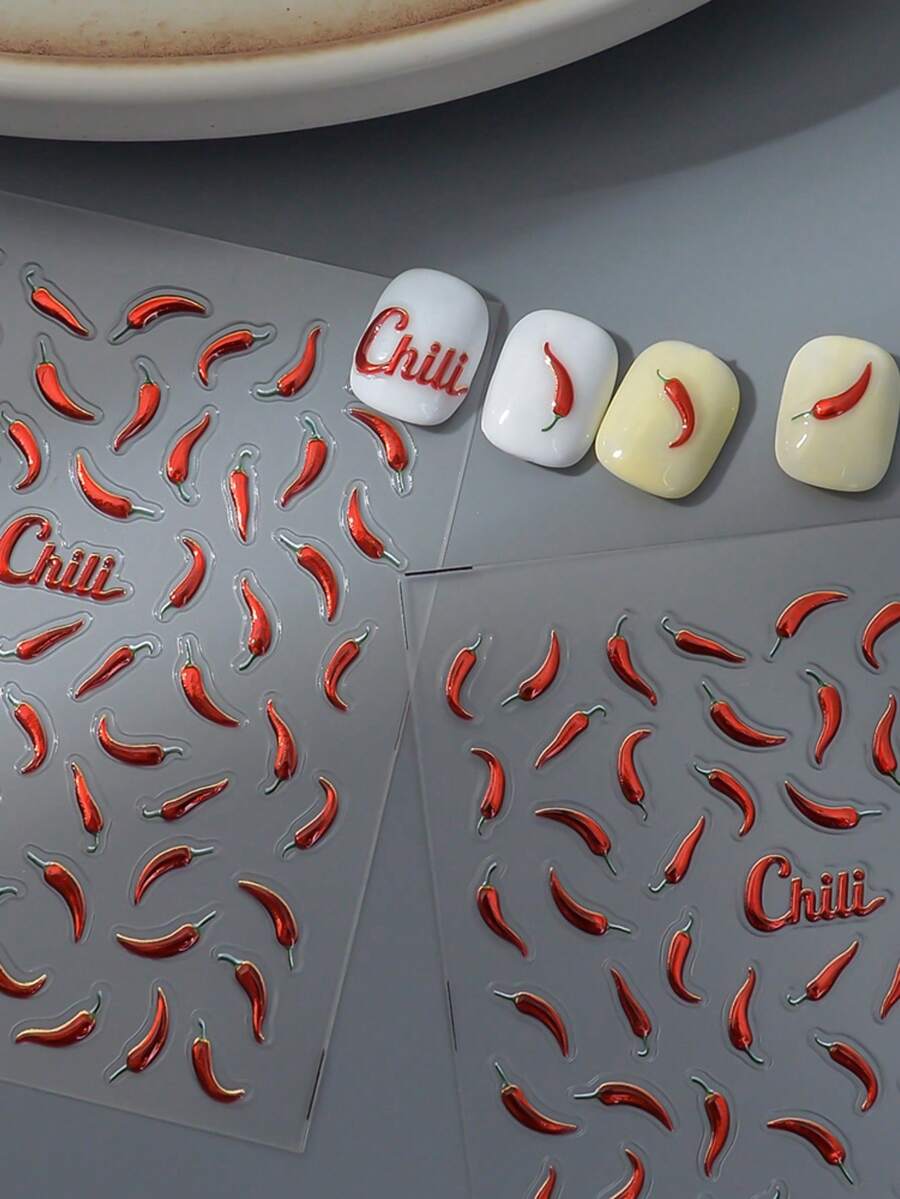 1pc 5D Nail Art Sticker, Fiery Chili Pepper Pattern, DIY Nail Polish Nail Sticker