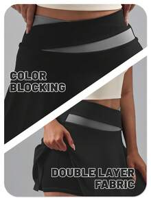 Soyun Falda pantalón deportiva de unicolor 2 en 1 ligera, adecuada para actividades al aire libre, viajes y gimnasio, color negro, verano - Negro - Ver 8