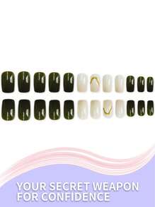 24片短款方形亮面多色按压指甲，俏皮法式指尖，粉色、绿色、白色、黄色和奶牛印花图案，点缀凸起圆点纹理和字母细节。佩戴舒适，易于涂抹，持久亮泽，包含粘扣和指甲锉，适合派对、角色扮演和日常穿着。