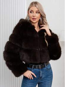 Elegant Women Brown Fashion Warm Faux Fur Hooded Regular Length Long Sleeve Regular Sleeve Coat For Winter Christmas And New Year - Coffee Brown - View 5