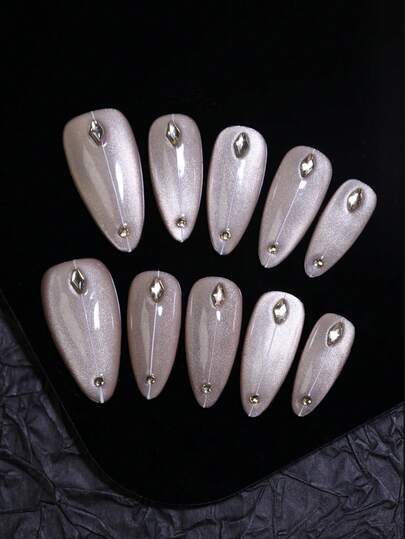 10片装 100%纯手工制作杏仁香槟猫眼美甲贴片 - 闪亮亮片水钻简约法式设计，适合日常及约会之夜DIY美甲，可重复使用