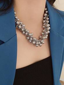 1 件银球吊坠项链，时尚女士款，适合派对、宴会 - 銀色2 - 查看 5