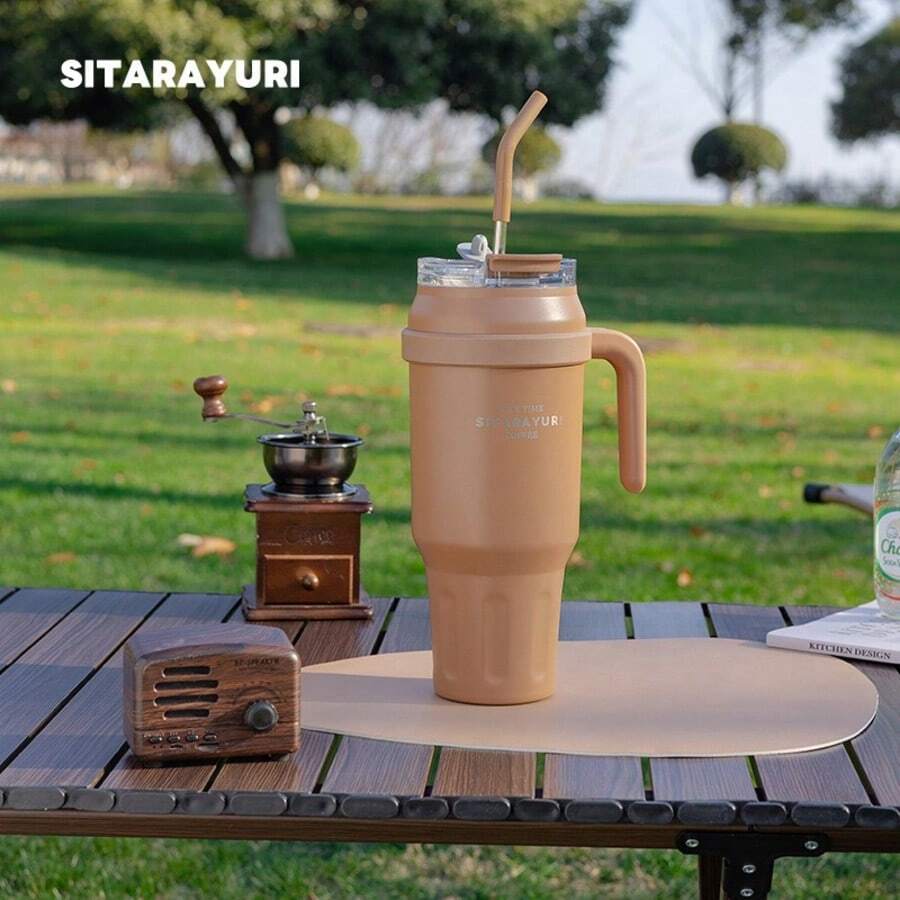40OZ/1200ML SITARAYURI Double Wall Bottle For Father's Day, With Handle And Straw, Large Capacity Portable Cup For Hot And Cold Dual Use, 1200ml Steel Bottle, Suitable For Hot Or Cold Drinks, Suitable For Camping, Outdoor Activities, Driving, Sports, Fitness And Holiday Gifts. - 優質咖啡色 - 查看 1