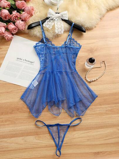2pcs Sexy Sheer Mesh Nightgown Lingerie Set, Alluring & Cute