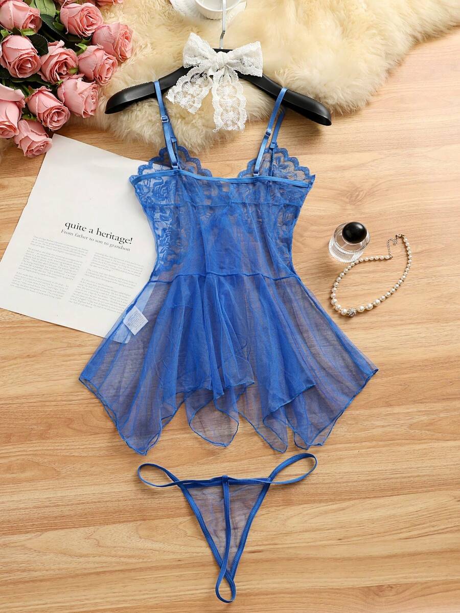 2pcs Sexy Sheer Mesh Nightgown Lingerie Set, Alluring & Cute - Royal Blue - View 1