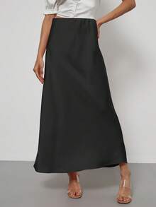 Falda elástica de textura de satén versátil y adecuada para todo el año, versión petite de moda para mujer - Negro - Negro - Ver 6