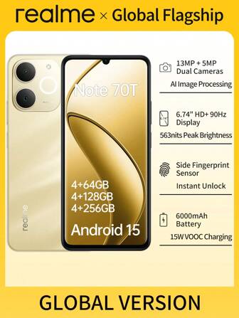 Realme Note 70T 全球解锁智能手机，搭载 Unisoc T7250 八核芯片，6.75 英寸 90Hz HD+ 眼部舒适显示屏，6000mAh 长效电池，13MP 超清晰摄像头，IP54 防尘/防水，4GB+64GB/4GB+128GB/4GB+256GB（黑色/金色）