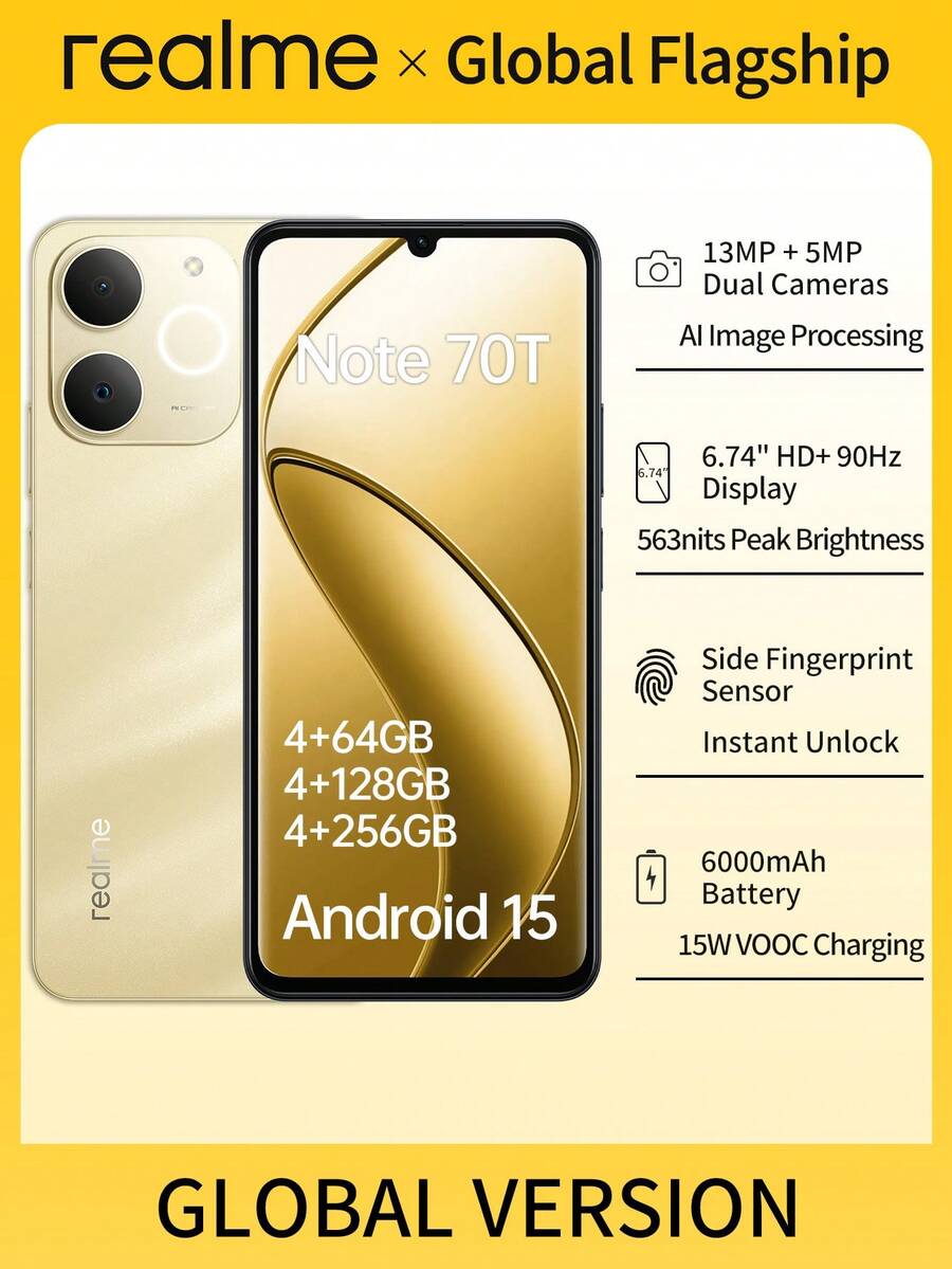 Realme Note 70T 全球解锁智能手机，搭载 Unisoc T7250 八核芯片，6.75 英寸 90Hz HD+ 眼部舒适显示屏，6000mAh 长效电池，13MP 超清晰摄像头，IP54 防尘/防水，4GB+64GB/4GB+128GB/4GB+256GB（黑色/金色）