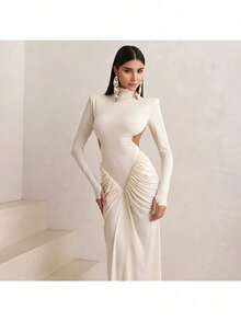 2025 Summer New Women's High-Neck Temperament Slim Sexy Backless Solid Color Long Dress - Apricot - View 3
