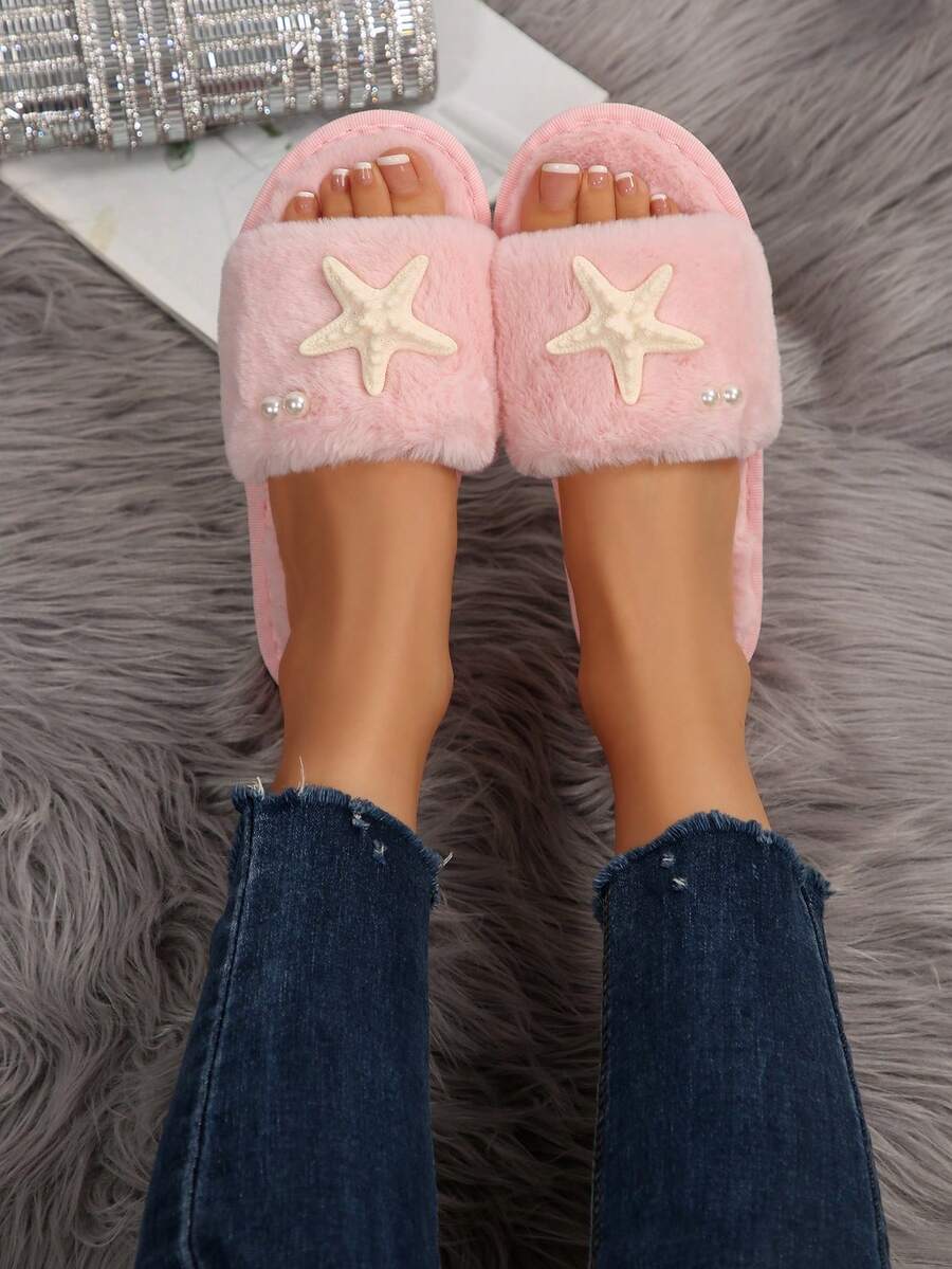 Dép xỏ ngón một mảnh mềm mại họa tiết sao biển thời trang dành cho nữ, mùa thu/đông mới chống trượt, đế cao su mũi tròn, đế mềm, thoáng khí, ấm áp, thoải mái, sang trọng - Hồng - Xem 1