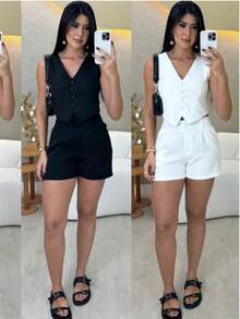 Women's Tailored Set: Vest And Formal Shorts - 白色 - 查看 2
