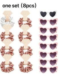 6件套缎面伴娘发带 + 6副心形眼镜，新娘礼物，伴娘礼物，婚礼派对回礼，圣诞节，新年派对拍照道具 - 粉色 - 查看 3