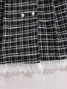 1pc Girls' Black Long Sleeve Sweet & Chic Coco Ruffle Collar Double-Breasted Tweed Patchwork Hem Vintage French Elegant Dress, Autumn/Winter - Black - View 5