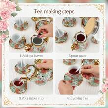 20-Piece Porcelain Tea Set With Metal Stand - Elegant European Floral Tea Cups & Saucers Set, Gold-Trimmed Coffee Service W/ EPS Foam Packaging, Stackable Porcelain Cups & Saucers For Afternoon Tea Gift - 款式2 - 查看 9