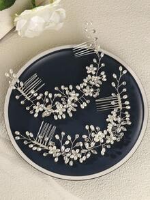 1pc Faux Pearl & Rhinestone Comb Bridal Hair Accessory For Women, Handmade Elegant Boho Tiaras Valentine's Day Accessories - Silver - View 4