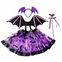 4 件套万圣节蝙蝠头带、蝙蝠魔杖、蝙蝠翅膀、蝙蝠印花网眼裙套装，带衬里的裙子，适合万圣节、狂欢派对装扮 - 彩色 - 查看 13