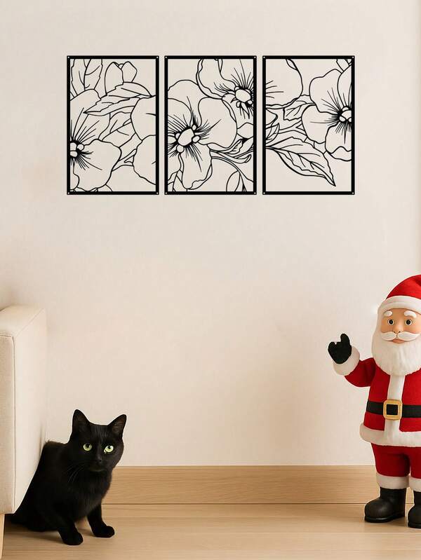 Set di 3 pezzi di arte da parete natalizia nera con piante e metallo - decorazione moderna per la casa, accenti festivi, regali eleganti per pareti, adatti per decorazione moderna della casa, decorazione della casa, decorazione della stanza, decorazione della camera da letto, decorazione del bagno, impermeabile, resistente alla ruggine, decorazione da parete