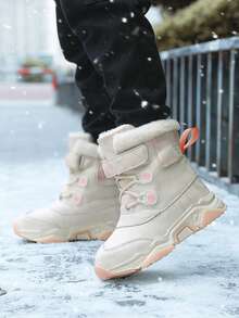 1 Pair Girls' Warm Thermal-Lined High-Top Snow Boots, Windproof, Anti-Slip, Durable, Pink, Suitable For Winter - White - View 8