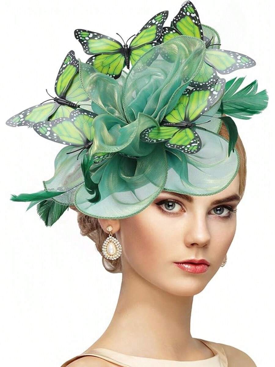 Organza Fascinators Hats - Monarch Tea Party Hat With Hairpin, 2025 Derby Headwear - màu xanh lá - Xem 1