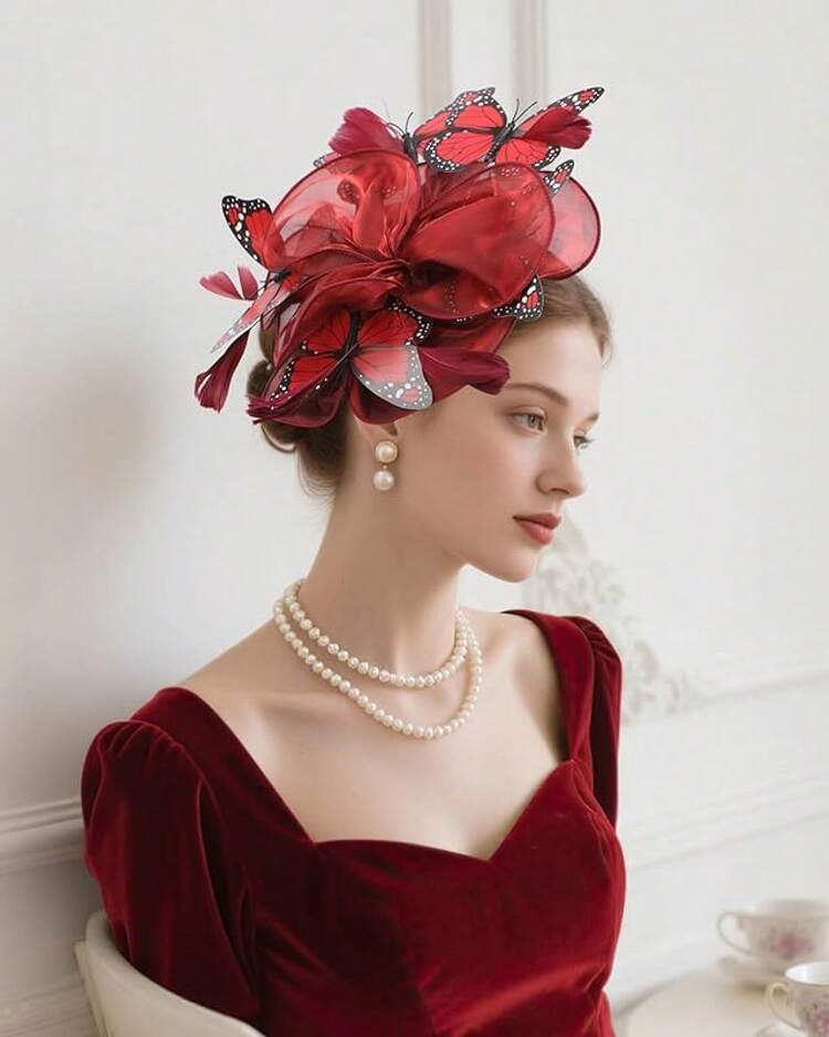 Organza Fascinators Hats - Monarch Tea Party Hat With Hairpin, 2025 Derby Headwear - Màu Đỏ Sâu - Xem 3