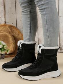 Unisex Snow Boots, Solid Color Leather Patchwork Decor, Front Lace-Up, Non-Slip Sole, Suitable For Outdoor Sports - Black - View 4