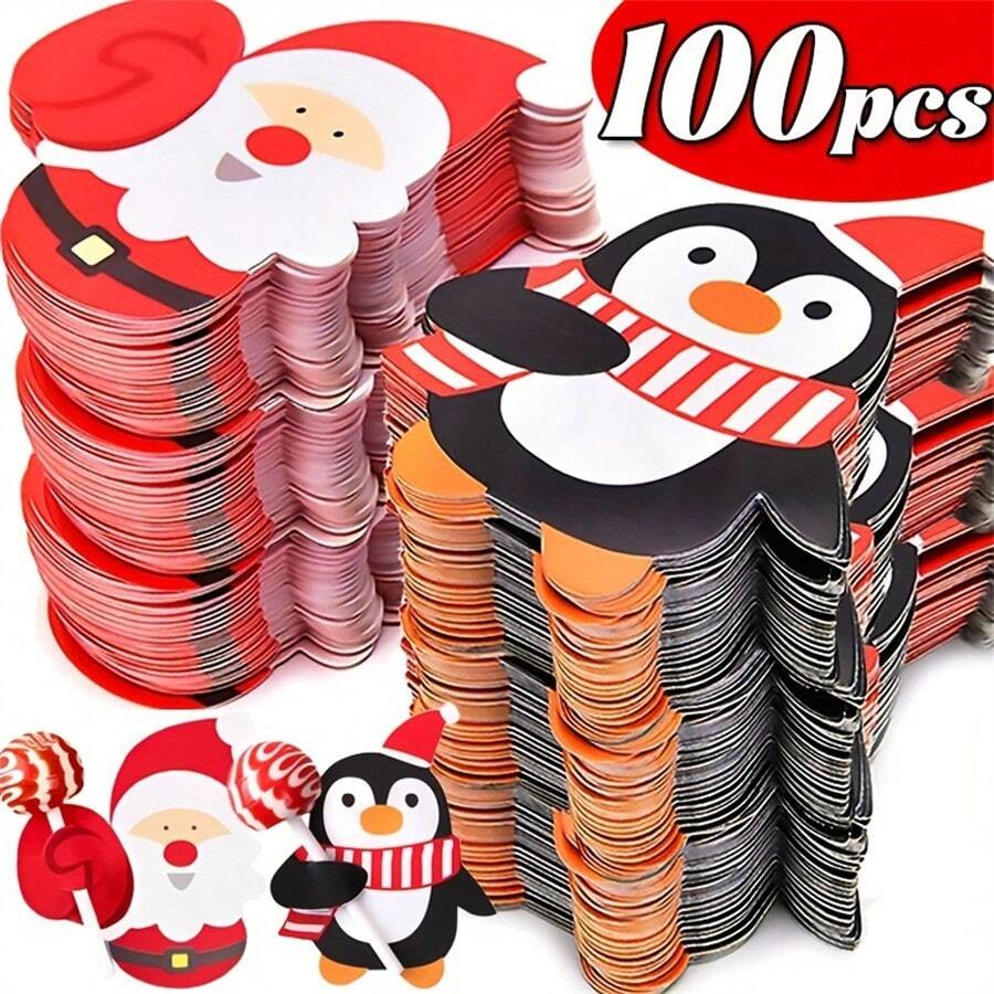 100 张节日圣诞棒棒糖卡片 - 圣诞老人、企鹅和雪人设计,配有红白格子蝴蝶结,非常适合节日礼物、派对礼品和课堂交换、圣诞装饰(10/50/100 张) - 彩色 - 查看 1