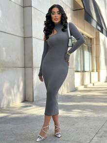 Premium Ribbed Long Dress With Open Shoulder And Long Sleeves - Màu xám đen - Xem 1