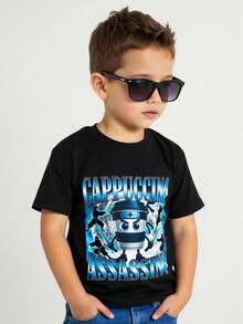 Camiseta para niños de 3 a 12 años de 100% algodón Manga Corta y Cuello Redondo Muy Suave y Cómoda con diseños divertidos Estampado de Brainrot con la leyenda texto "Capuccino Assassino" Capybari Trippi Troppi Bombardiro Playeras cómodas - Negro - Ver 3