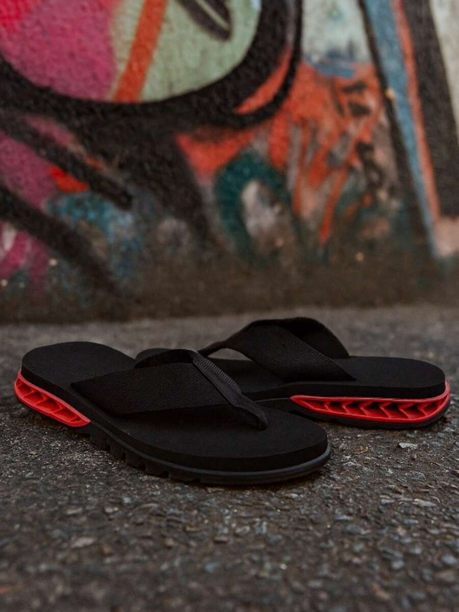 Men's Street Flip Flops, Soft Insole, Durable Sole, Urban Colors, Sizes 37 To 44, Comfortable - Black + Red - View 1