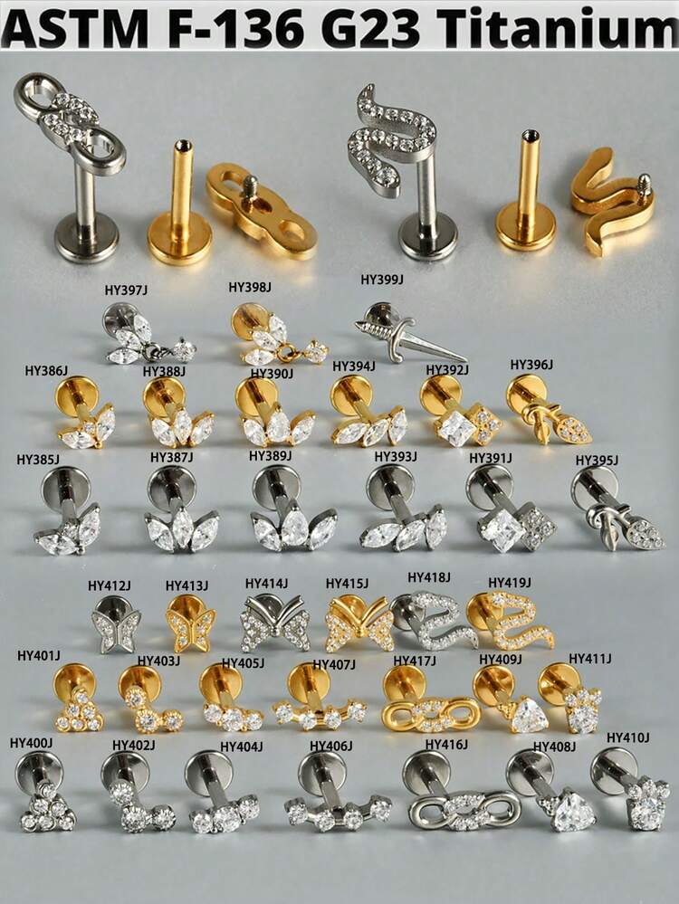 1 件 G23 钛金榄尖形氧化锆唇钉内螺纹 CZ 蛇形/蝴蝶形/花朵形耳软骨耳屏耳环耳垂穿孔珠宝 - 如圖 - 查看 6