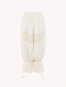 Women's Long Lace Bloomers Casual Loose Fit Stylish Solid Lace Floral Drawstring Mid Rise Crop Pants - trắng - Xem 7