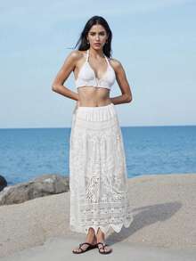 Women's Summer A-Line Skirt Long Crochet Boho Flowy Skirt For Travel, Beach, Shopping - trắng - Xem 2