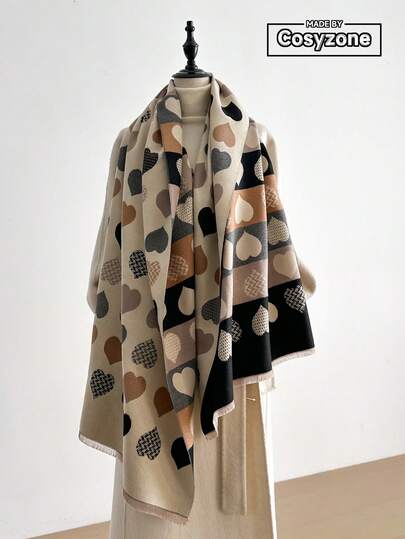 1pc Elegant Heart Pattern Jacquard Knit Scarf, Warm Blanket Shawl For Women, Versatile For Autumn/Winter, Suitable For Air-Conditioned Rooms And Daily Matching Women Winter Scarves For Dress