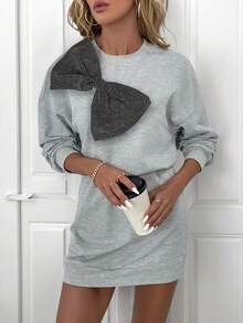 Robe en tricot casual pour femmes avec nœud papillon, robe Sweat-shirt à la mode pour les sorties, le port quotidien, l'automne - Gris - Voir 2