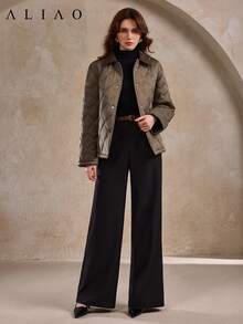 Aliao 优雅菱形图案绗缝外套，带口袋，适合冬季、秋季穿着，新年适用，商务休闲风格 - 棕色 - 查看 7