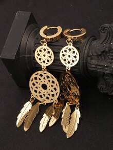 1 对不锈钢欧式 3 镂空花卉吊坠耳环，18K 金叶藤蔓吊坠耳环，适合作为妻子/女友情人节礼物，适合女性日常佩戴 - 金色捕夢網吊墜流蘇樹葉耳扣 - 查看 3