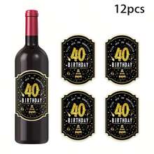 12-Piece 18/20/30/40/50/60/70/80 Party Wine Bottle Stickers, DIY Non-Stick Wine Bottle Decoration Stickers, Golden Digital Printed Age Decoration Stickers, Durable Material And Easy To Stick, Suitable For Birthday Party Decoration And Anniversary Celebration, Decorating Wine Bottles In Theme Birthday Party Celebration Activities, - Multicolor - View 8