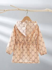 1 pieza Chaqueta casual para niñas, con estampado de lazo a la moda y capucha con cremallera, para otoño