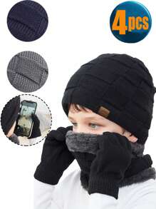 4 件套儿童冬季帽子和围巾套装，适合 3-12 岁儿童的温暖针织帽和围巾，黑色 - 彩色 - 查看 2