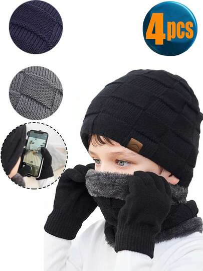 4 件套儿童冬季帽子和围巾套装，适合 3-12 岁儿童的温暖针织帽和围巾，黑色