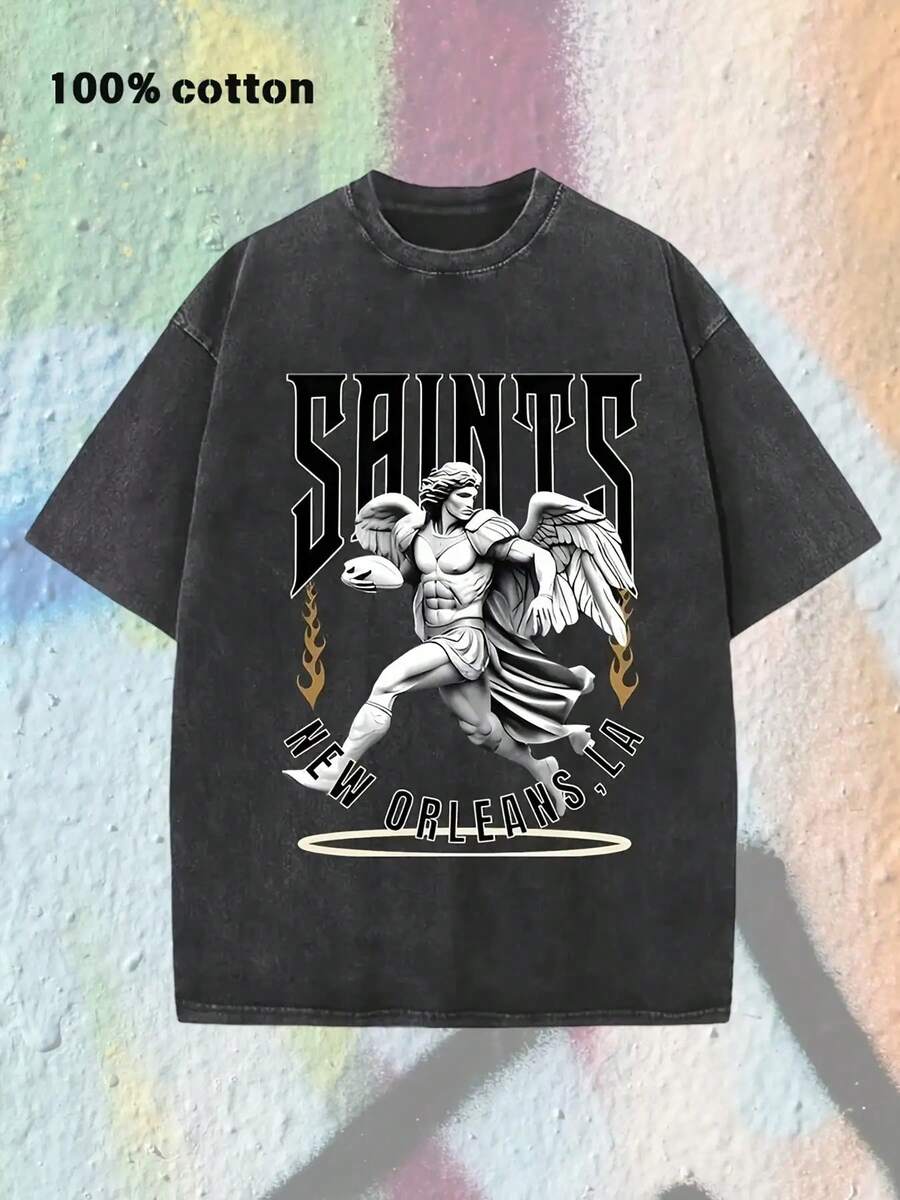 Saints New Orleans Graphic T-Shirt - Vintage Style 100% Cotton Oversized Tee, Unique Wings Design Perfect For Game Day, Casual Streetwear, Unisex Fit For Fans And Trendsetters, Ideal Gift For Sports Enthusiasts, Comfortable Everyday Wear, Cool Summer Fashion Statement - 黑色 - 查看 1