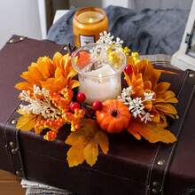 Thanksgiving Candle Ring Fall Artificial Maple Leaves Pumpkin Wreath For Harvest Festival Farmhouse Table Decor