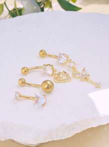 4 Soft Ceramic Full Diamond Navel Rings, Horizontal Bars, Simple Navel Rings, Stainless Steel Navel Buckles, Women's Abdominal Navel Nails, Human Puncture Accessories Suitable For Daily Life Wear