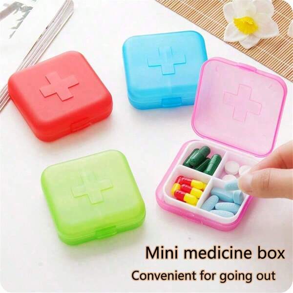 1/4pcs Mini Medicine Box With Four Compartments, Plastic Medicine Storage Box, Portable Travel Box, Multi Compartment Pill Storage Box